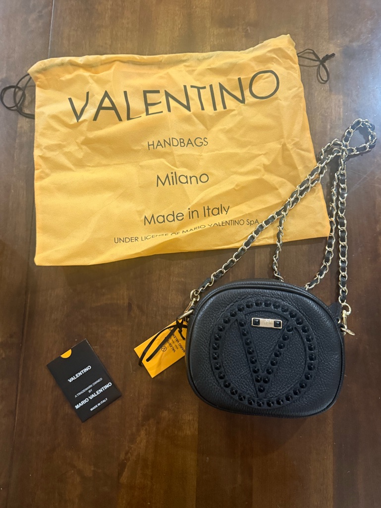New! Valentino Designer Black Studded V Crossbody With Chain Strap Retail $745